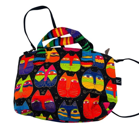 Laurel Burch Vibrant Cat Print Shoulder & Handbag 15" X 11" Cotton Blend - Picture 2 of 6